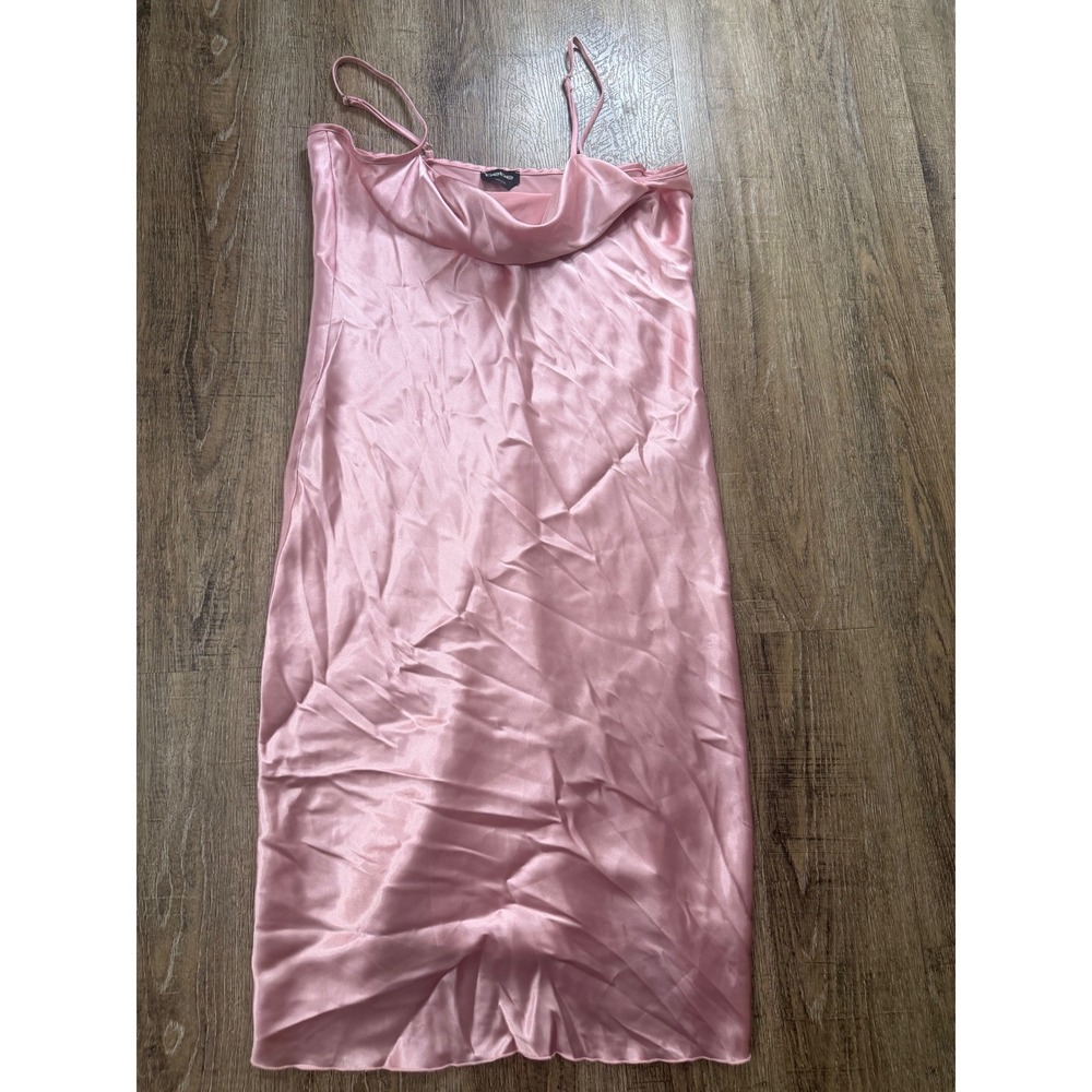 Bebe Pink Satin Cowl Neck Midi Slip Dress Large Spaghetti Strap Blush Evening
